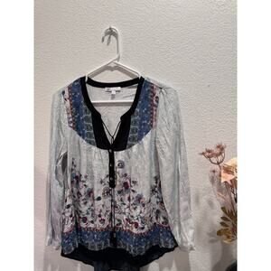 DR2 / Tunic Blouse w/ Damask-Style‎ Pattern with Tessle size S relaxed fit